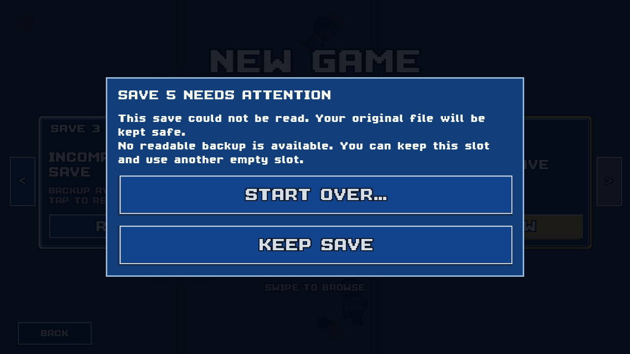 Save 5 Needs Attention says no readable backup is available and offers Keep Save