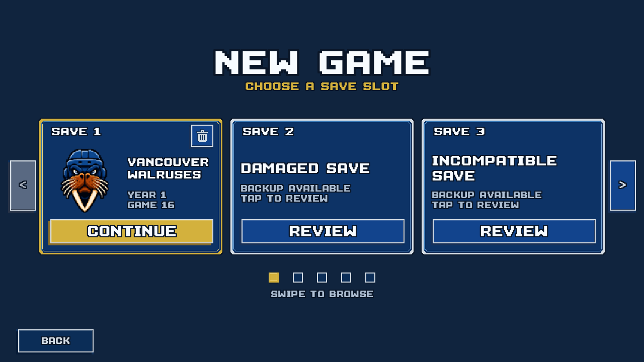 Save selection showing a Vancouver Walruses franchise, Damaged Save, and Incompatible Save