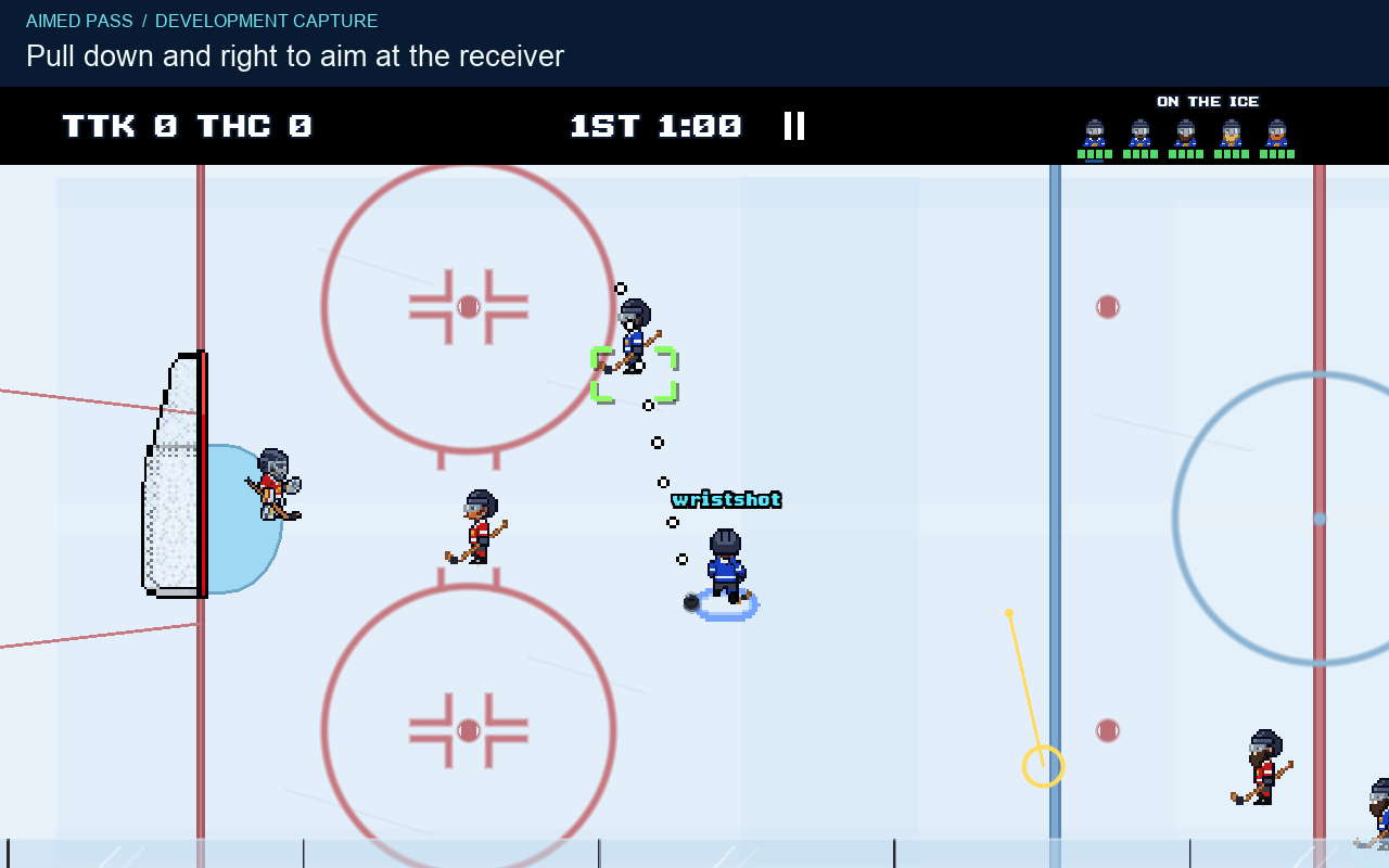 Green target brackets surround the blue teammate above the carrier. The dotted guide points at that player.