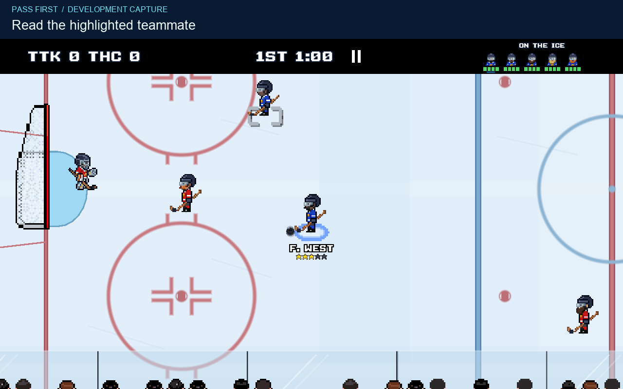 Gray target brackets mark the blue teammate above the puck carrier as the current passing option.