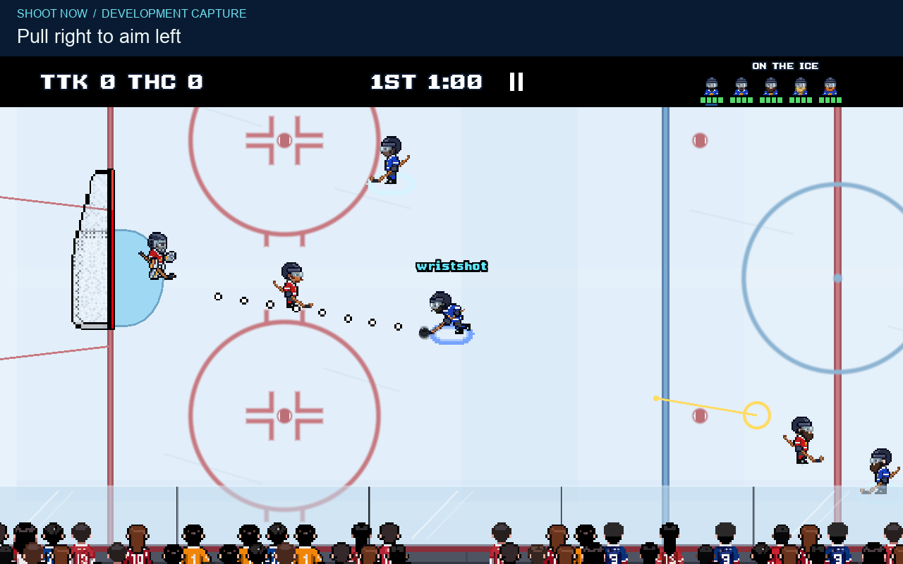 A blue skater aims left. The dotted guide crosses the red defender between the puck and the goal.