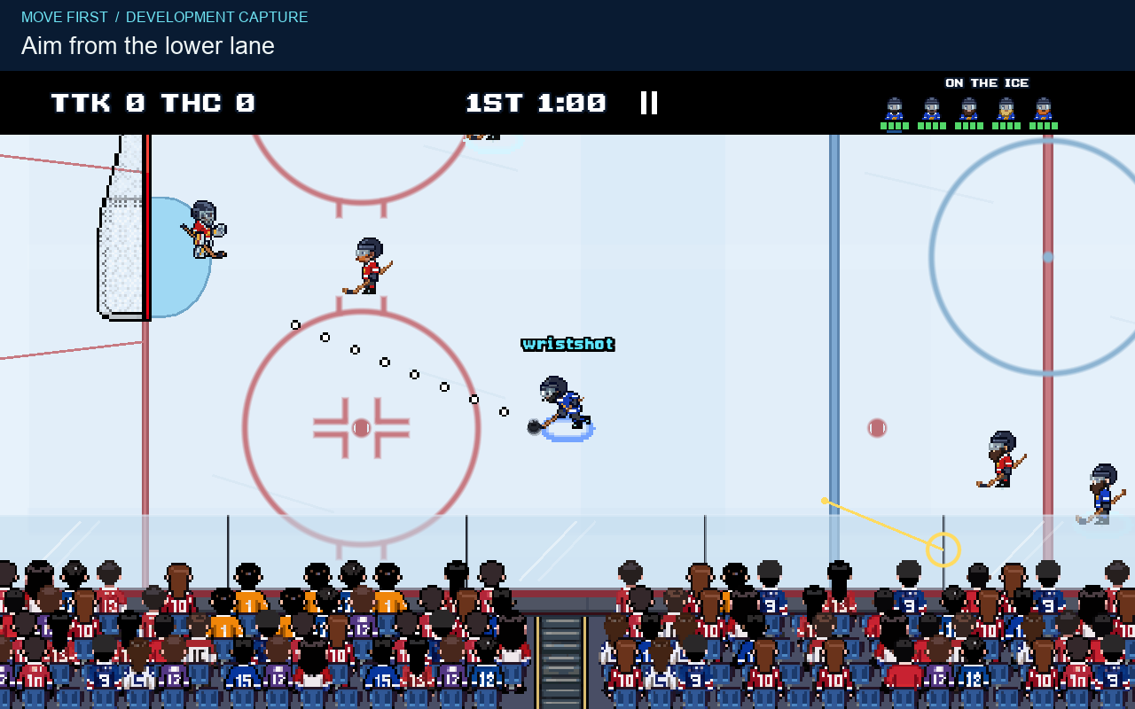 The blue puck carrier aims up and left from the lower lane. The red defender is above the dotted guide.
