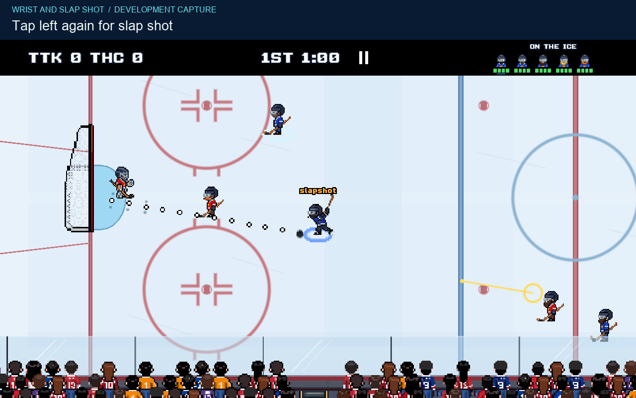 The puck carrier holds a raised stick with the slapshot label above it. The aim guide points toward the left goal.
