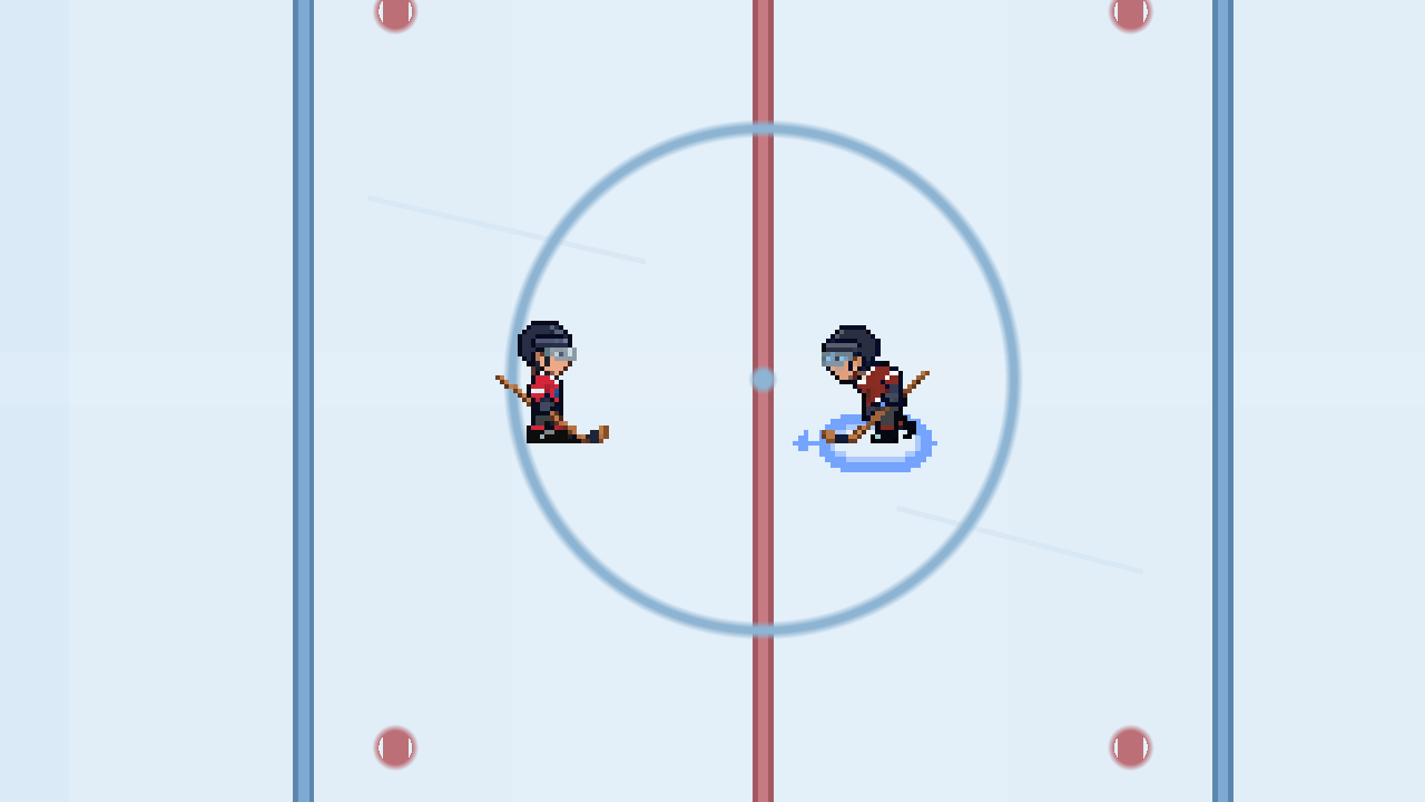 The player with the blue ring carries the puck left toward the approaching defender, before changing direction.