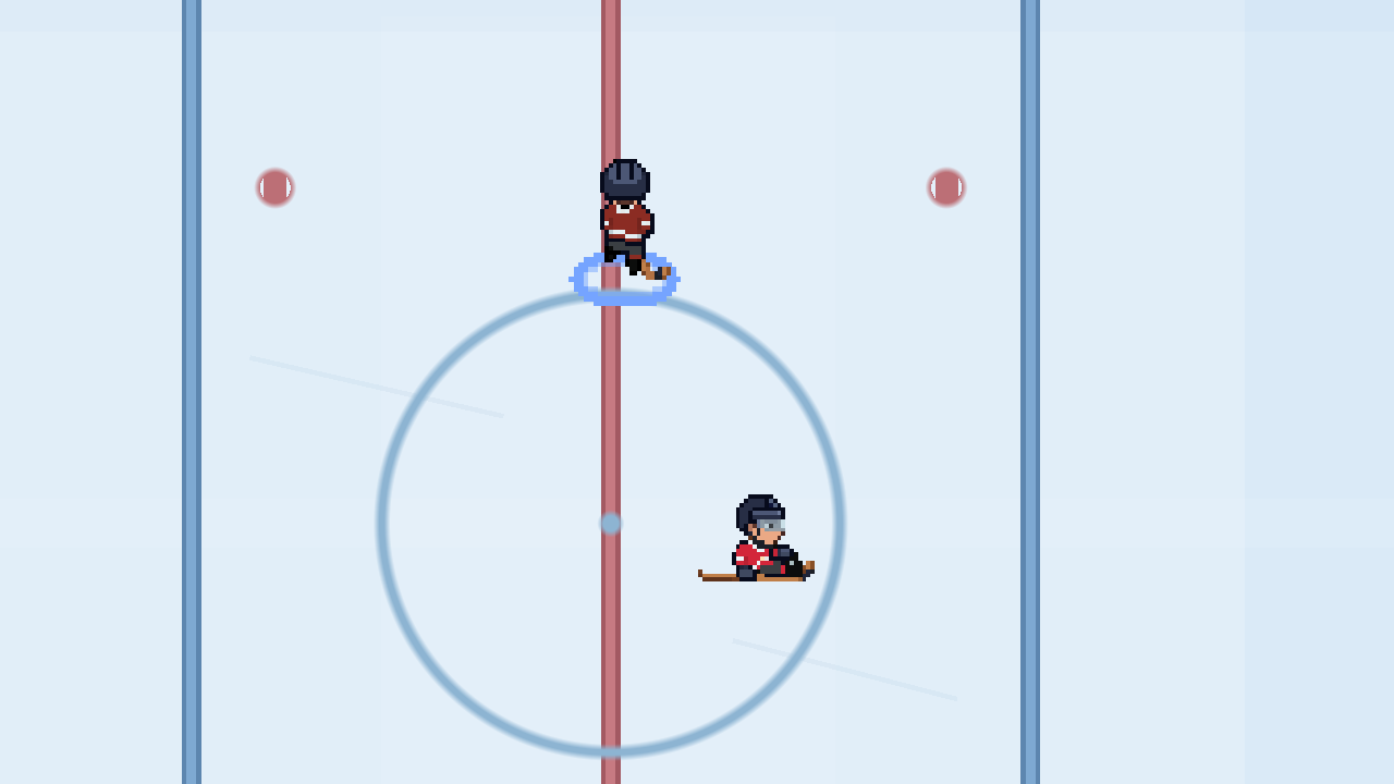 The player with the blue ring has skated above the fallen defender and still has the puck.