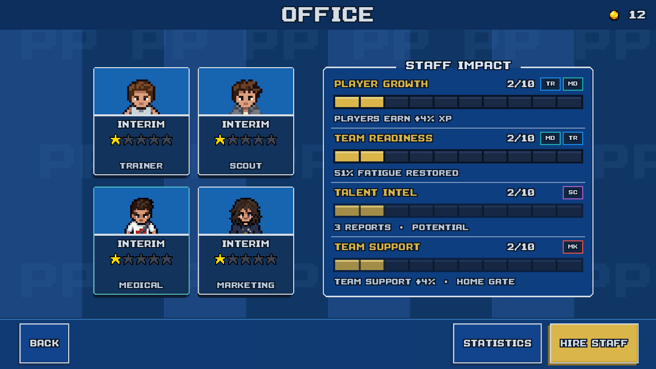Manager Office with medical staff selected. Player Growth and Team Readiness are highlighted in the Staff Impact panel.
