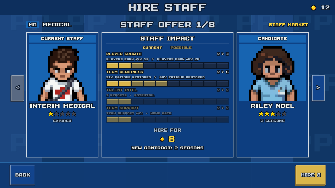 Hire Staff comparison with interim medical staff on the left and three-star Riley Noel on the right. Team Readiness rises from 2 to 5 out of 10. The Hire button costs 8 Club Funds.