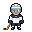 Skater in a white jersey with navy shoulders and pants, white socks and helmet, and a wooden stick