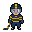 Skater in a navy jersey with gold stripes, navy pants and socks, and a matching helmet and stick