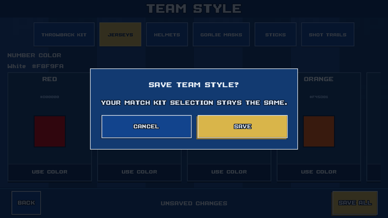 The game asks Save Team Style and offers Cancel and Save. It says the match kit selection stays the same.