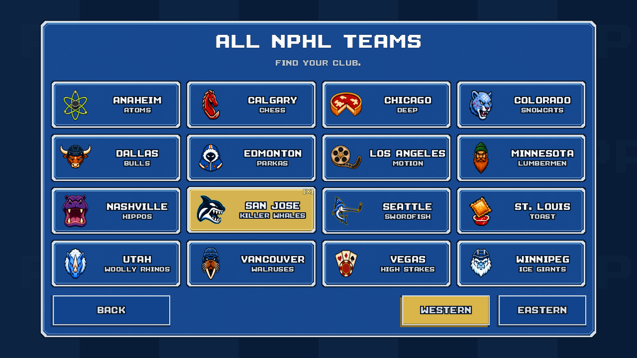 PixelPuck’s club picker shows Western Conference clubs and buttons to switch conferences.